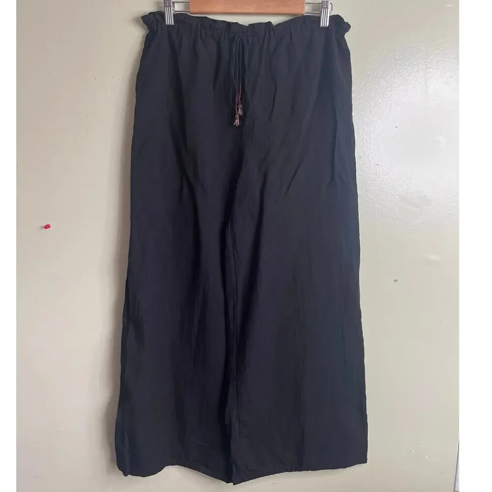 Zara black, high-waisted linen wide-leg pull on pants, tassels, size medium
